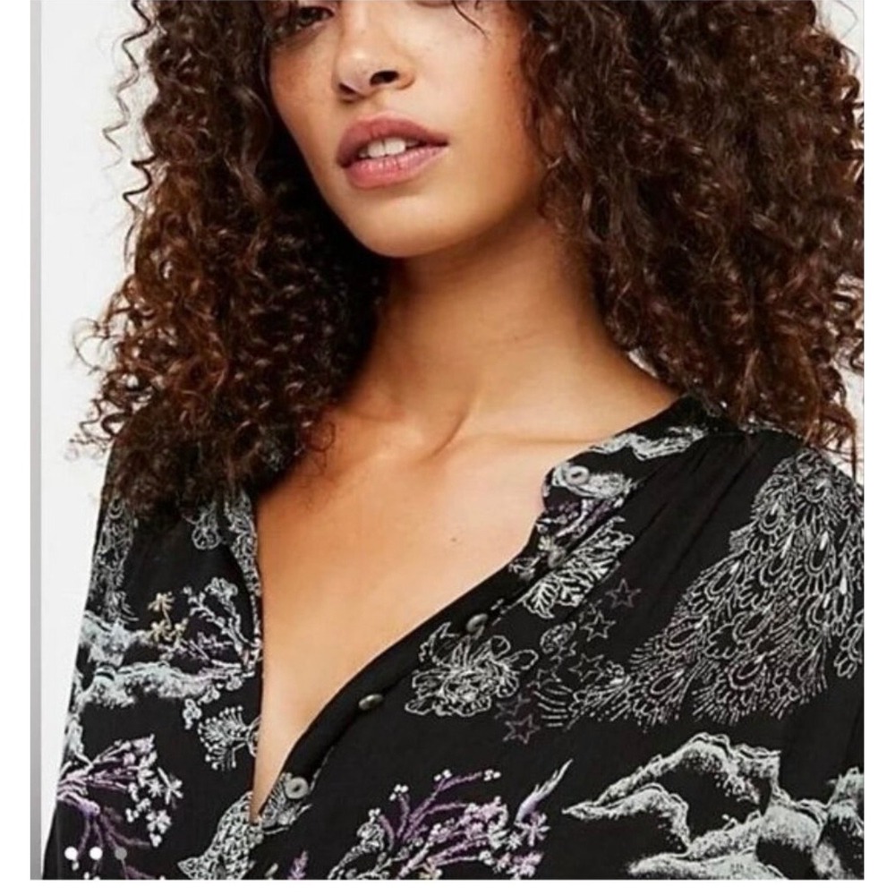 Free People Tunic Black Metallic Blooms Printed Dolman Top Boho Whimsigoth Indie - Picture 2 of 13